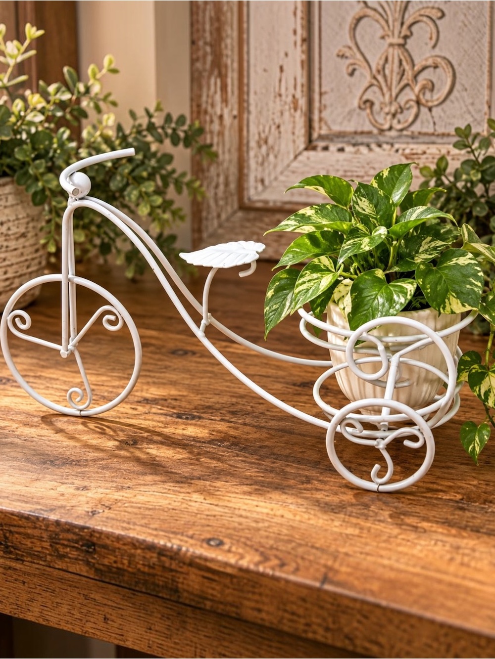 White Metal Bicycle Plant Holder Decorative Tricycle Planter Stand Leaf Seat